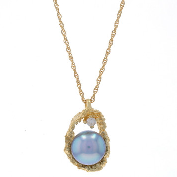 Yellow Gold Cultured Pearl & Diamond Pendant Necklace 17 1/2" - 14k Yellow Gold Cultured Pearl & Diamond Pendant Necklace 17 1/2" - 14k
