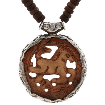 Sterling Serpentine & Wood Horse Medallion Necklace 18 1/2" 925 Beads Equestrian Sterling Serpentine & Wood Horse Medallion Necklace 18 1/2" 925 Beads Equestrian