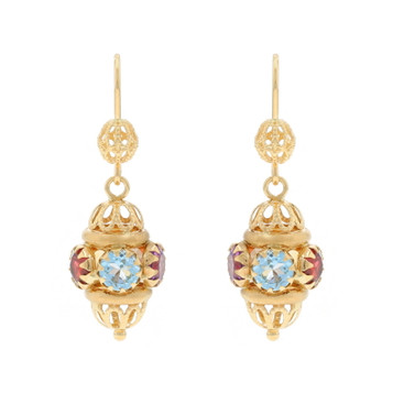 Yellow Gold Blue Topaz Garnet Amethyst Dangle Earrings 18k Round 8.20ctw Pierced Yellow Gold Blue Topaz Garnet Amethyst Dangle Earrings 18k Round 8.20ctw Pierced