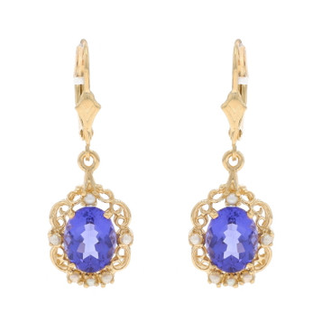 Yellow Gold Tanzanite Cultured Pearl Dangle Earrings - 14k Oval 4.16ctw Pierced