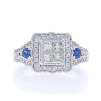 White Gold Diamond Sapphire Cluster Halo Engagement Ring 14k Princess Rd 1.30ctw White Gold Diamond Sapphire Cluster Halo Engagement Ring 14k Princess Rd 1.30ctw