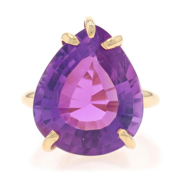 Yellow Gold Amethyst Cocktail Solitaire Ring - 14k Pear 12.75ct