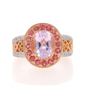 Rose Gold Kunzite, Tourmaline, & Diamond Halo Ring - 14k Oval 3.09ctw Milgrain Rose Gold Kunzite, Tourmaline, & Diamond Halo Ring - 14k Oval 3.09ctw Milgrain