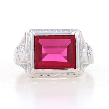 White Gold Lab-Created Ruby Art Deco Men's Ring 14k Rect Step Vintage Solitaire White Gold Lab-Created Ruby Art Deco Men's Ring 14k Rect Step Vintage Solitaire