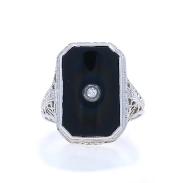White Gold Onyx Diamond Art Deco Ring - 18k Vintage Filigree Milgrain White Gold Onyx Diamond Art Deco Ring - 18k Vintage Filigree Milgrain