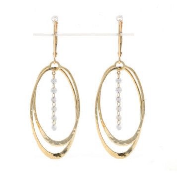 Yellow Gold Diamond Dangle Earrings - 14k Rnd .60ctw Hammered Oval Hoops Pierced