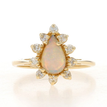Yellow Gold Opal & Diamond Halo Ring - 14k Pear Cabochon .75ctw Cathedral