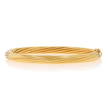 Yellow Gold Ribbed Twist Bangle Bracelet 6 3/4" - 18k Hinged Oval