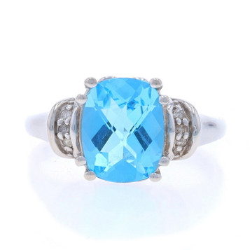 White Gold Blue Topaz & Diamond Ring - 10k Cushion Checkerboard 3.04ctw White Gold Blue Topaz & Diamond Ring - 10k Cushion Checkerboard 3.04ctw