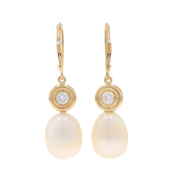 Yellow Gold Cultured Pearl Cubic Zirconia Dangle Earrings 10k 14k .33ctw Pierced