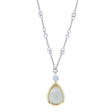 White Gold Quartz over Mother of Pearl & Diamond Necklace 16" - 14k Pear Cab