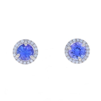 White Gold Tanzanite Diamond Halo Stud Earrings - 14k Round 1.17ctw