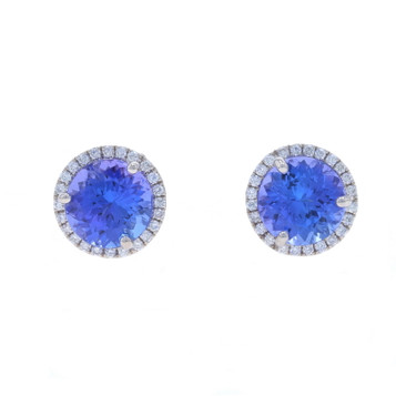 White Gold Tanzanite Diamond Halo Stud Earrings - 14k Round 5.82ctw