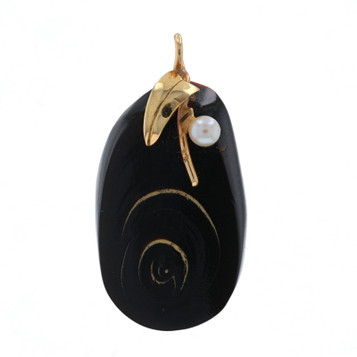 Yellow Gold Black Coral Akoya Pearl Pendant - 14k Floral Yellow Gold Black Coral Akoya Pearl Pendant - 14k Floral