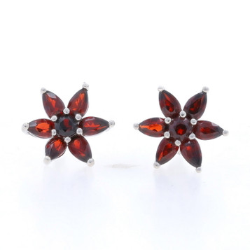 Sterling Silver Garnet Large Stud Earrings - 925 Pear & Round 3.42ctw Pierced