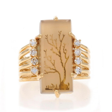 Yellow Gold Dendritic Agate & Diamond Vintage Tree Ring - 14k .16ctw Nature