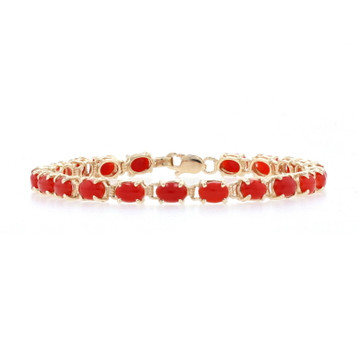 Yellow Gold Coral Tennis Bracelet 7" - 14k Oval Cabochon Cut