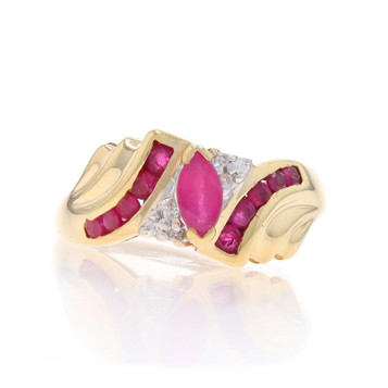 Yellow Gold Ruby Diamond Bypass Ring 10k Marquise and Round .88ctw Yellow Gold Ruby Diamond Bypass Ring 10k Marquise and Round .88ctw