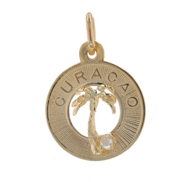 Yellow Gold Simulated Pearl Curacao Charm - 14k Caribbean Palm Tree Pendant