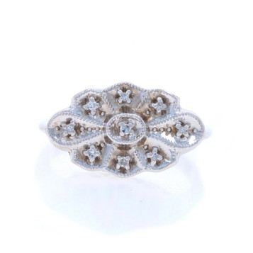 White Gold Diamond Vintage Cluster Ring - 14k Single Floral Scallop Milgrain White Gold Diamond Vintage Cluster Ring - 14k Single Floral Scallop Milgrain