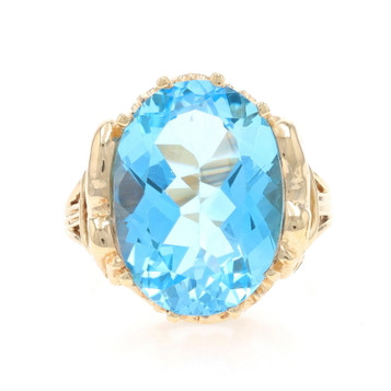 Yellow Gold Blue Topaz Elephant Cocktail Solitaire Ring - 10k Oval 12.40ct