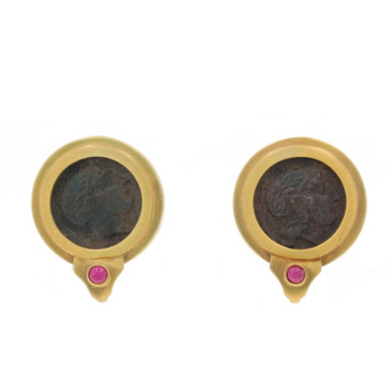 Yellow Gold Ruby Large Stud Earrings - 14k Bronze Coin Round Cabochon Pierced