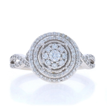 White Gold Diamond Cluster Engagement Ring-10k Round & Single .50ctw Double Halo