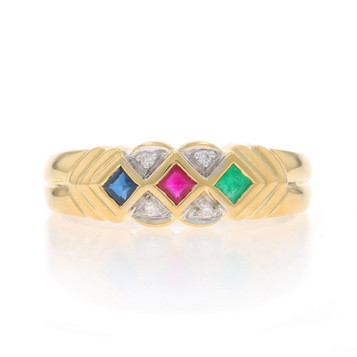 Yellow Gold Ruby Sapphire Emerald Cluster Band - 18k Square .22ctw Ring Yellow Gold Ruby Sapphire Emerald Cluster Band - 18k Square .22ctw Ring