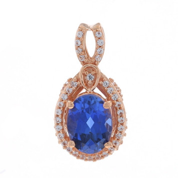 Rose Gold Lab Created Blue and White Sapphire Halo Pendant - 10k Oval 1.85ctw Rose Gold Lab Created Blue and White Sapphire Halo Pendant - 10k Oval 1.85ctw