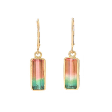 Yellow Gold Watermelon Tourmalines Dangle Earrings - 14k Emerald 5.72ctw Pierced Yellow Gold Watermelon Tourmalines Dangle Earrings - 14k Emerald 5.72ctw Pierced
