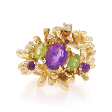 Yellow Gold Amethyst Peridot Diamond Cocktail Ring - 14k Oval Round 1.79ctw Yellow Gold Amethyst Peridot Diamond Cocktail Ring - 14k Oval Round 1.79ctw