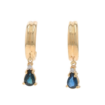 Yellow Gold Sapphire Diamond Half-Hoop Earrings - 14k Pear 1.03ctw Dangle