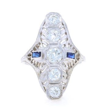 White Gold Diamond Lab Created Sapphire Art Deco Ring - 18k European 1.24ctw