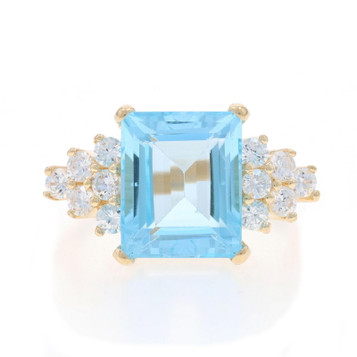 Yellow Gold Blue Topaz Cubic Zirconias Cocktail Ring - 14k Emerald 8.72ctw
