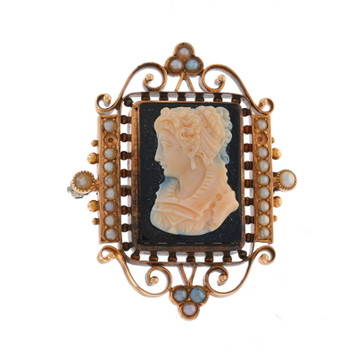 Yellow Gold Hardstone Seed Pearls Victorian Cameo Brooch - 14k Carved Silhouette Yellow Gold Hardstone Seed Pearls Victorian Cameo Brooch - 14k Carved Silhouette