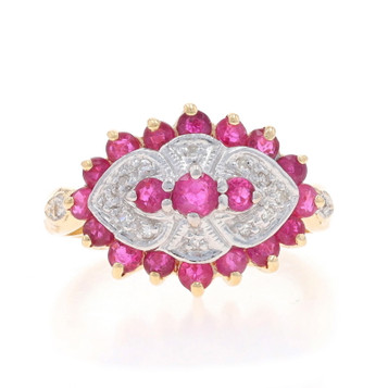 Yellow Gold Ruby Diamond Halo Ring 10k Round 1.66ctw Three-Stone Yellow Gold Ruby Diamond Halo Ring 10k Round 1.66ctw Three-Stone