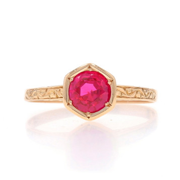 Yellow Gold Lab Created Ruby Art Deco Solitaire Ring 14k Round 1.05ct Engagement