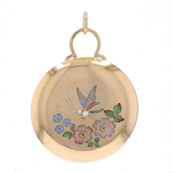 Yellow Gold Diamond Edwardian Butterfy & Flowers Converted Pendant 14k Old Mine