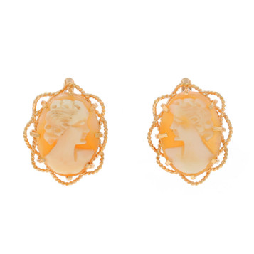Yellow Gold Carved Shell Cameo Vintage Stud Earrings 18k Rope Frame Pierced Yellow Gold Carved Shell Cameo Vintage Stud Earrings 18k Rope Frame Pierced
