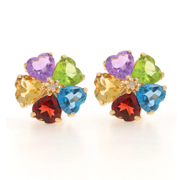 Yellow Gold Peridot Topaz Garnet Floral Stud Earrings 14k Heart 10.50ctw Pierced Yellow Gold Peridot Topaz Garnet Floral Stud Earrings 14k Heart 10.50ctw Pierced