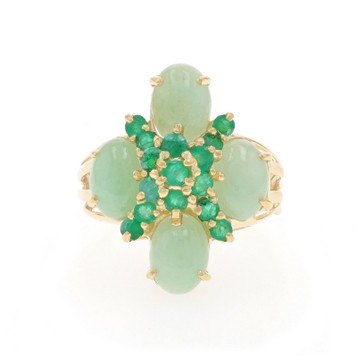 Yellow Gold Emerald Jadeite Cluster Cockail Ring 14k Round 3.72ctw Floral Burst