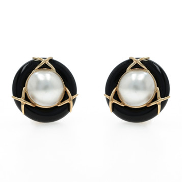 Yellow Gold Mabe Pearl Onyx X Large Stud Earrings 14k Pierced Round Yellow Gold Mabe Pearl Onyx X Large Stud Earrings 14k Pierced Round