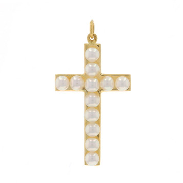 Mikimoto Akoya Pearls Christian Cross Pendant Yellow Gold 18k Religious Symbol