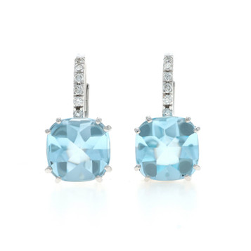 White Gold Blue Topaz Diamond Drop Earrings 18k Buff Top Cushion 5.08ctw Pierced White Gold Blue Topaz Diamond Drop Earrings 18k Buff Top Cushion 5.08ctw Pierced