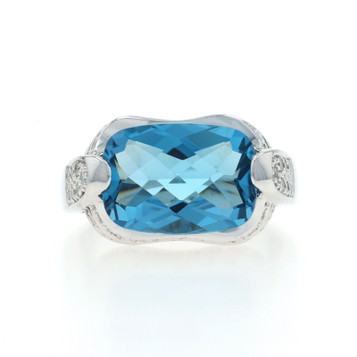 White Gold Blue Topaz Diamond Ring 14k Rectangular checkerboard cushion 10.04ctw