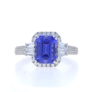 White Gold Tanzanite Diamond Halo Ring - 18k Emerald Cut 3.51ctw