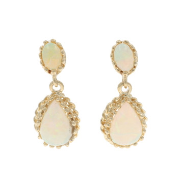 Yellow Gold Opal Dangle Earrings 14k Pear & Oval Cabochon 3.20ctw Pierced Yellow Gold Opal Dangle Earrings 14k Pear & Oval Cabochon 3.20ctw Pierced
