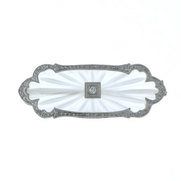 White Gold Diamond Camphor Glass Art Deco Brooch 14k European Vintage Pin