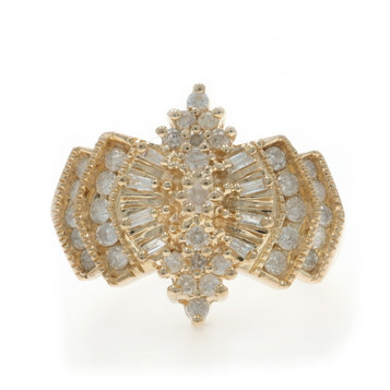 Yellow Gold Diamond Cluster Cocktail Ring 14k Round Brilliant & Baguette 1.00ctw