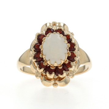 Yellow Gold Australian Opal Garnet Halo Ring 10k 1.88ctw Floral Yellow Gold Australian Opal Garnet Halo Ring 10k 1.88ctw Floral